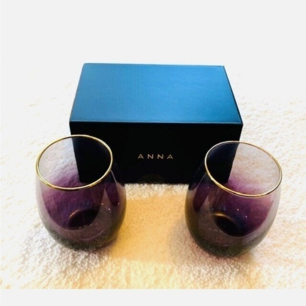 ANNA New York Amethyst Ombre Stemless 24K Gold Rim Wine Glasses Set of 2 New